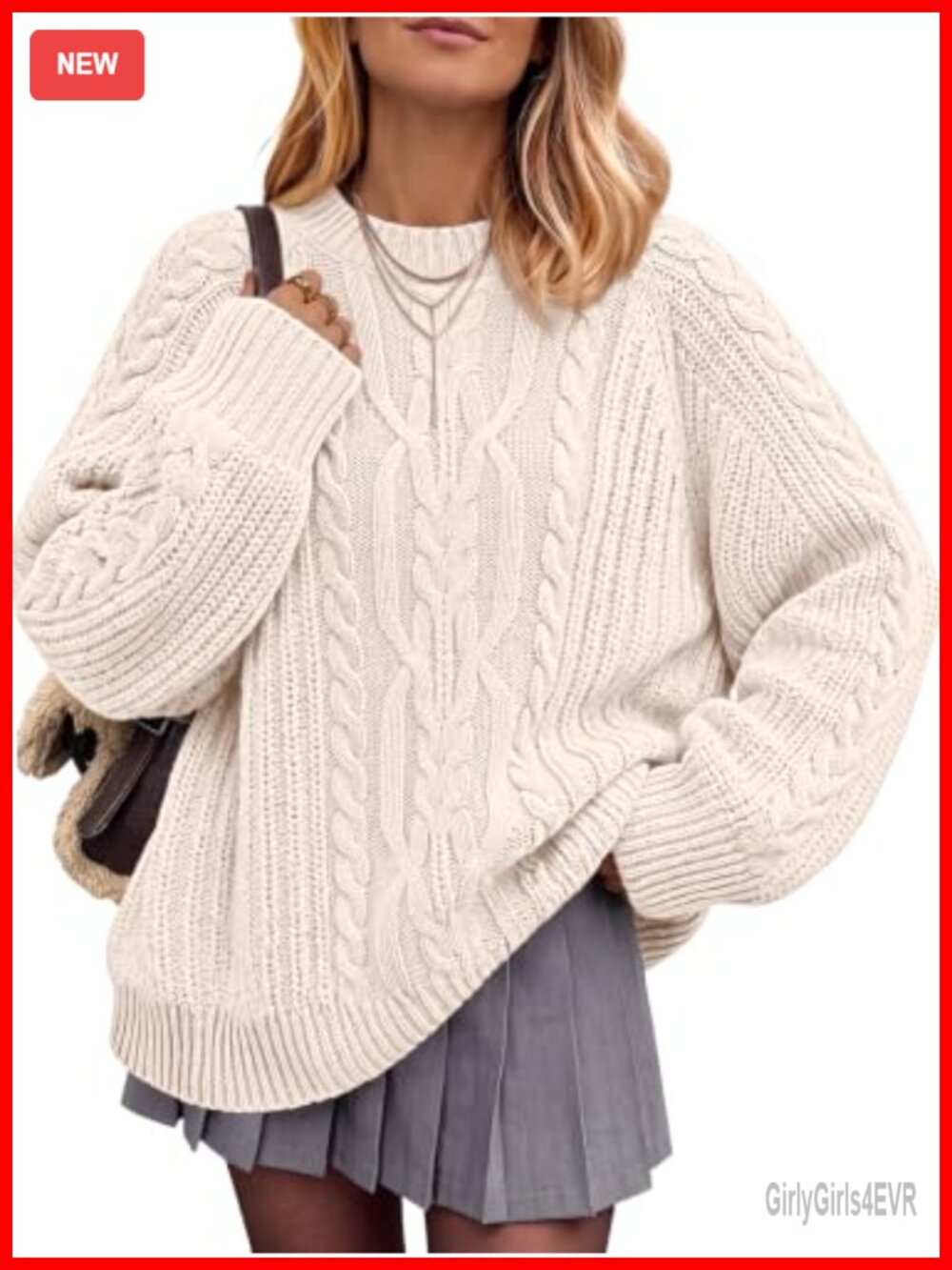 Oversized Cable Knit Crewneck Pullover Sweater Cotton Blend